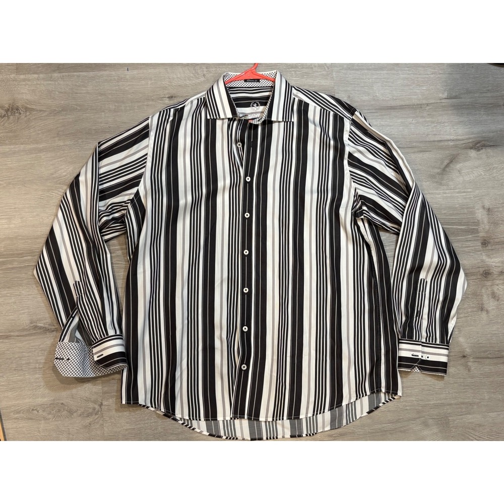 Bugatchi Uomo Mens Classic Fit Stripe Button Down Shirt Black White Grey RS3016L